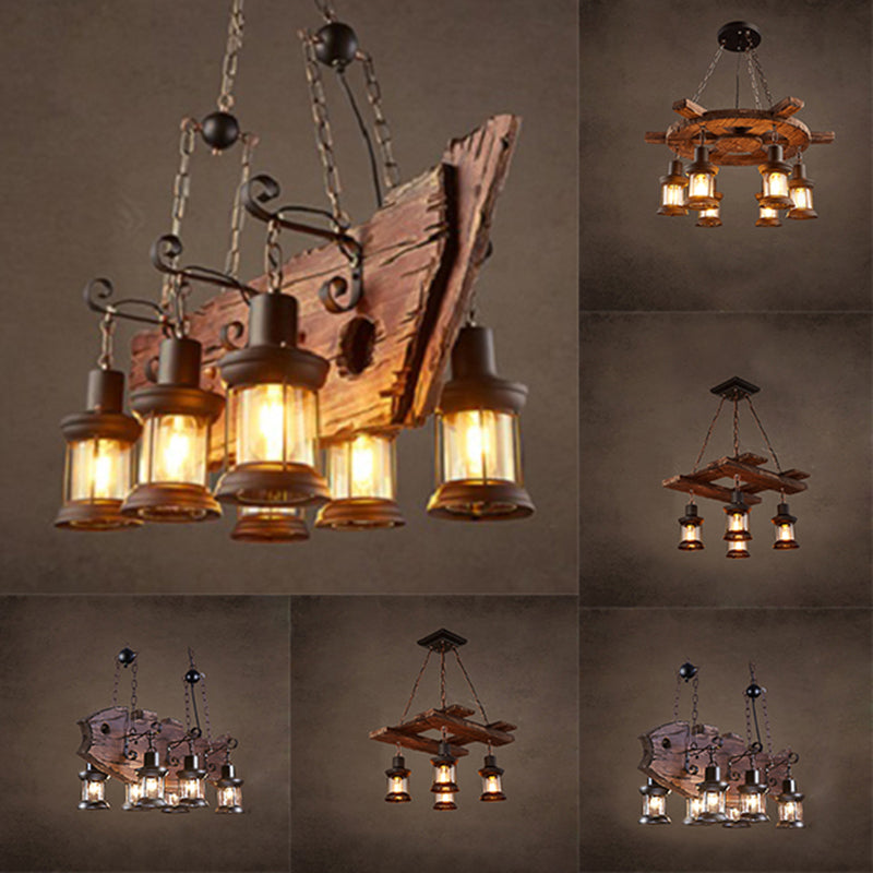 Retro Industrial Style Cylinder Chandelier Wood Pendant Ceiling Lights for Restaurant