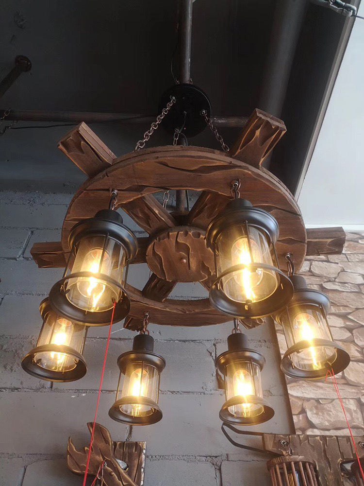 Retro Industrial Style Cylinder Chandelier Wood Pendant Ceiling Lights for Restaurant