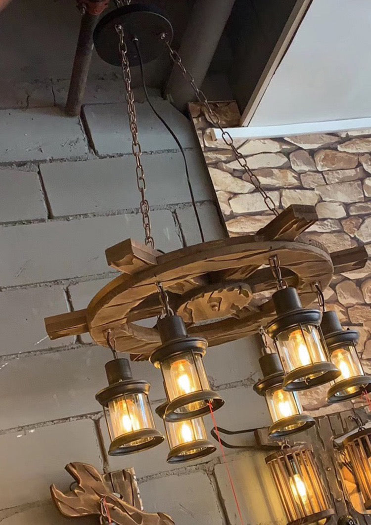 Retro Industrial Style Cylinder Chandelier Wood Pendant Ceiling Lights for Restaurant