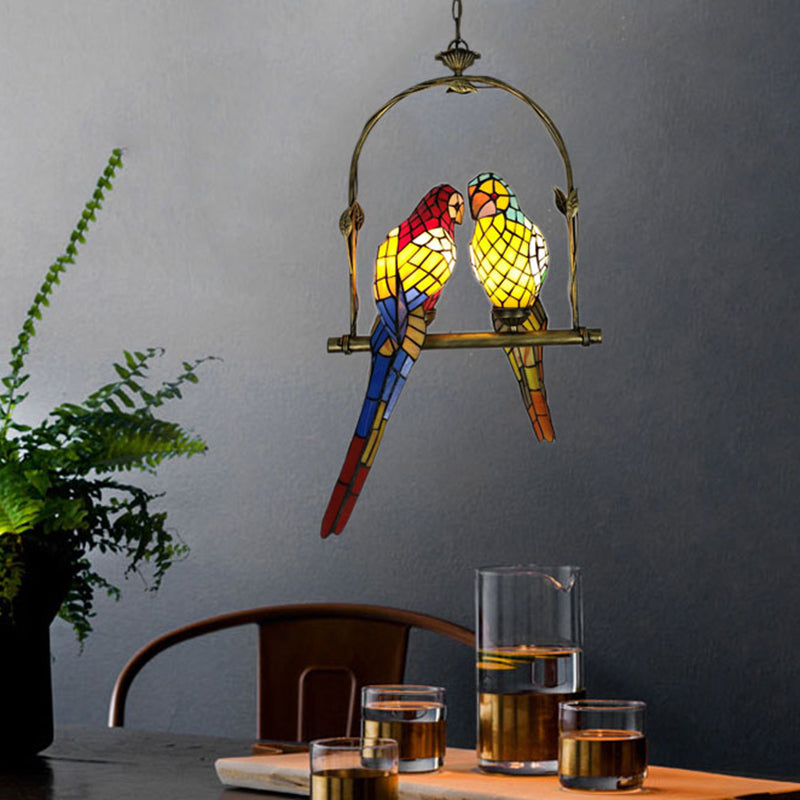 Multicolored Stained Glass Birds Chandelier Pendant Light Tiffany Style Suspension Lighting