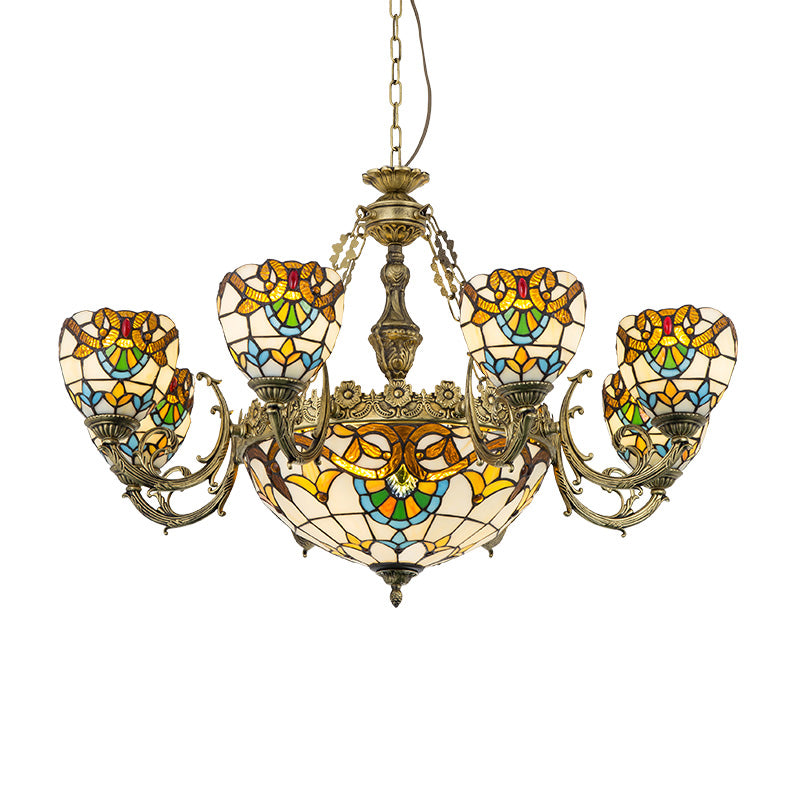 Bowl-Shaped Chandelier Light Fixture Stained Glass Tiffany-Style Pendant Chandelier Beige