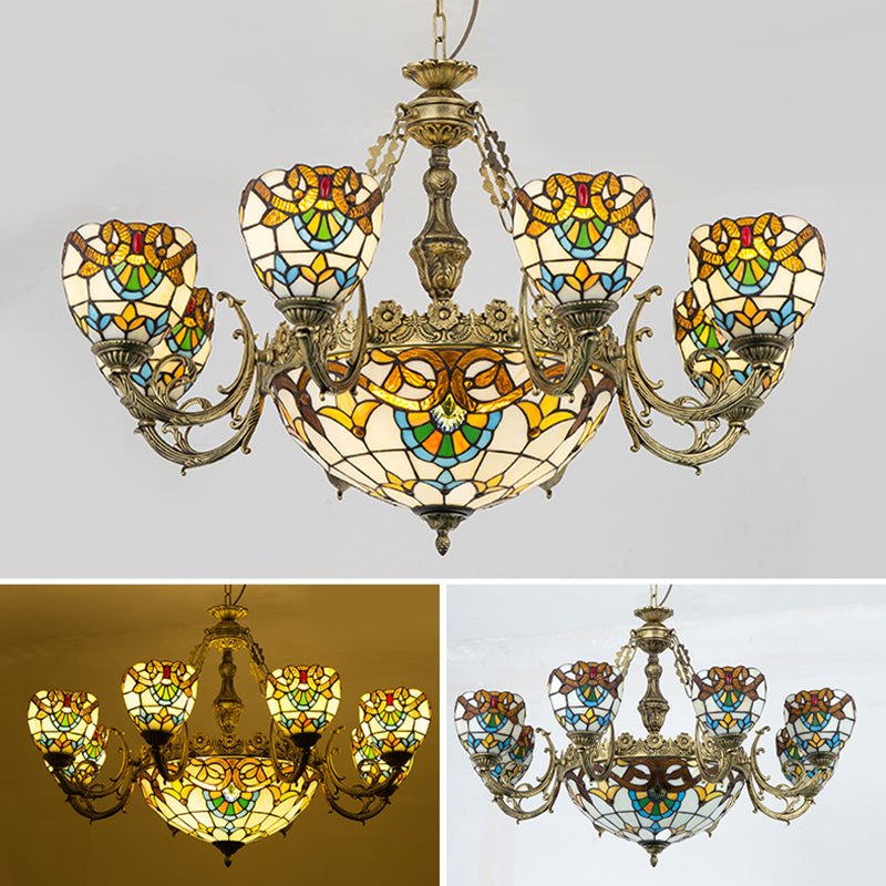 Bowl-Shaped Chandelier Light Fixture Stained Glass Tiffany-Style Pendant Chandelier Beige