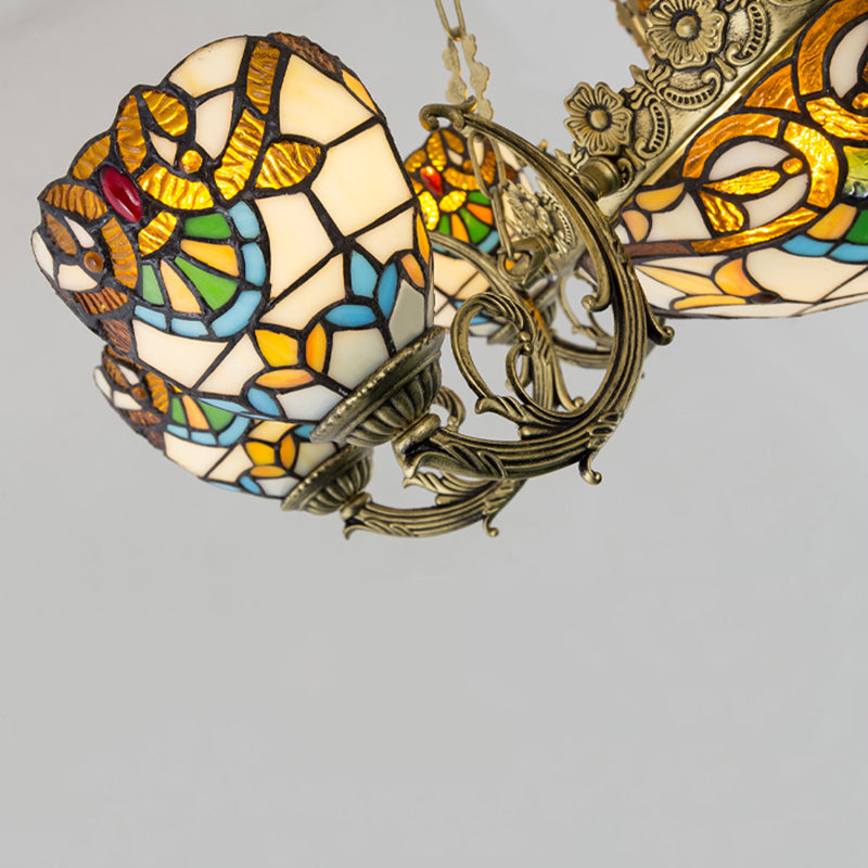 Bowl-Shaped Chandelier Light Fixture Stained Glass Tiffany-Style Pendant Chandelier Beige