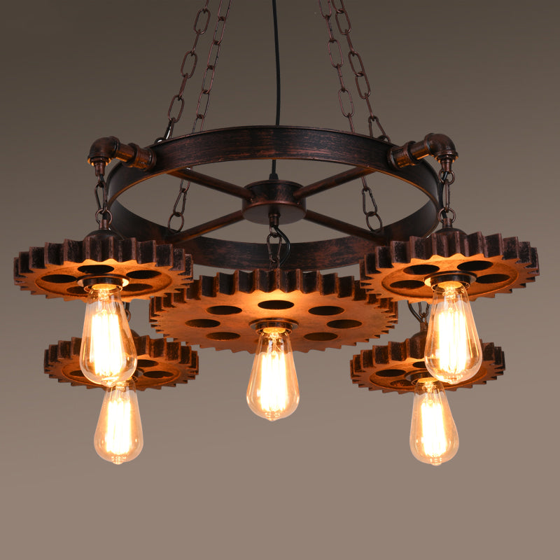 Rust Wheels Chandelier Hanging Light Fixture Industrial Metal Bar Chandelier Pendant Light