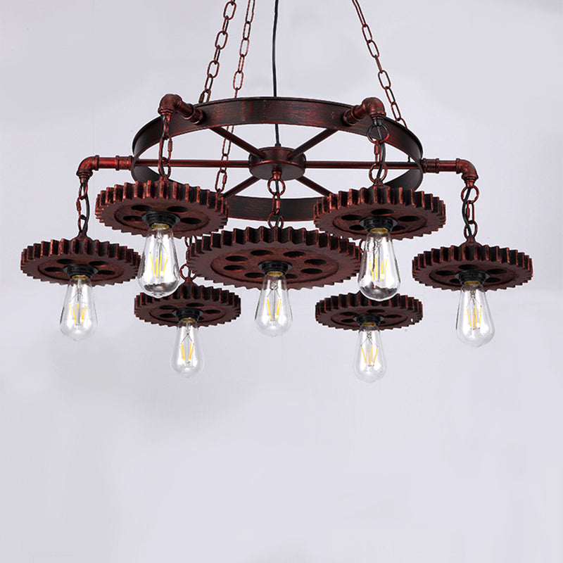 Rust Wheels Chandelier Hanging Light Fixture Industrial Metal Bar Chandelier Pendant Light