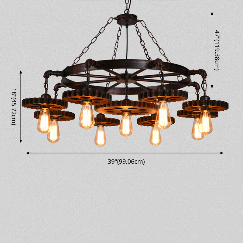 Rust Wheels Chandelier Hanging Light Fixture Industrial Metal Bar Chandelier Pendant Light