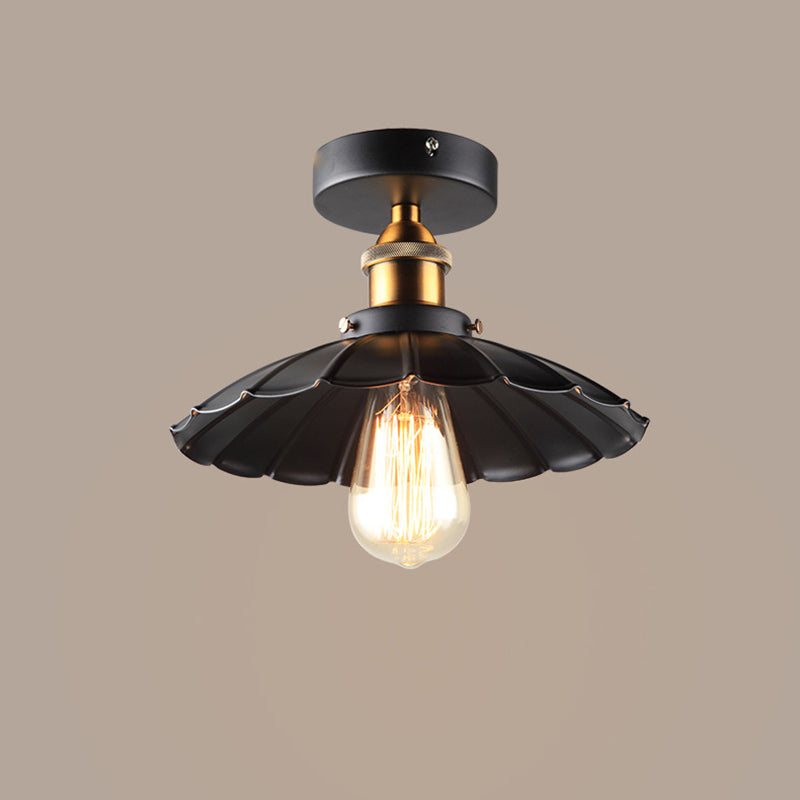 Black 1-Light Semi Flush Mount in Industrial Concise Style Wrought Iron Ceiling Fixture for Interior Spaces