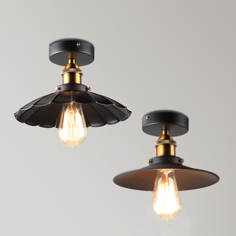 Black 1-Light Semi Flush Mount in Industrial Concise Style Wrought Iron Ceiling Fixture for Interior Spaces