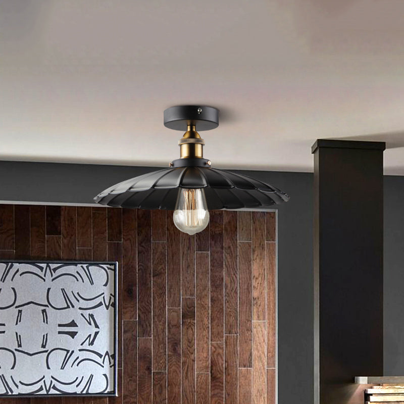 Black 1-Light Semi Flush Mount in Industrial Concise Style Wrought Iron Ceiling Fixture for Interior Spaces