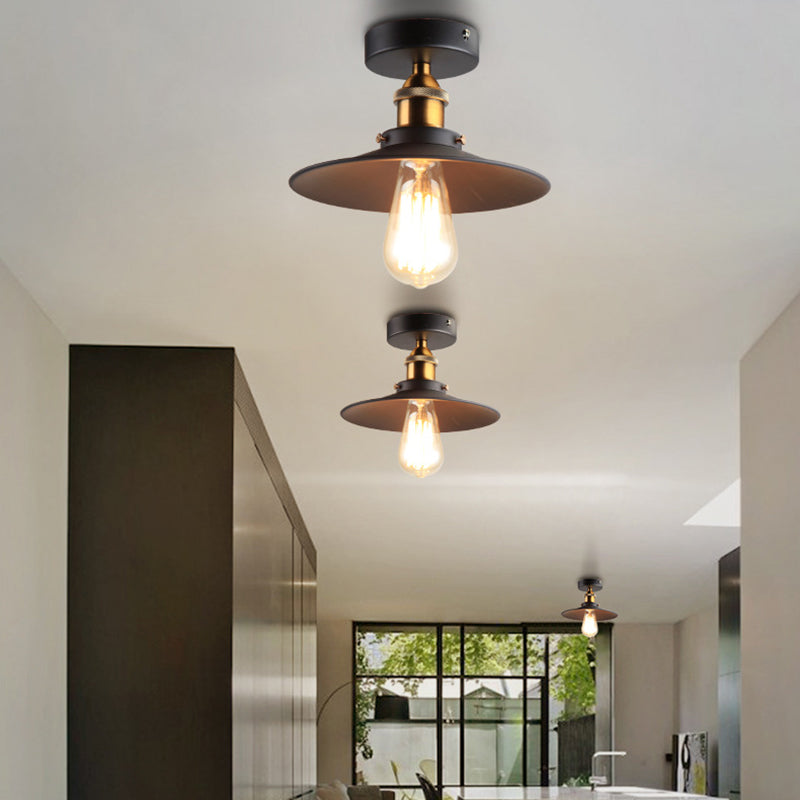 Black 1-Light Semi Flush Mount in Industrial Concise Style Wrought Iron Ceiling Fixture for Interior Spaces