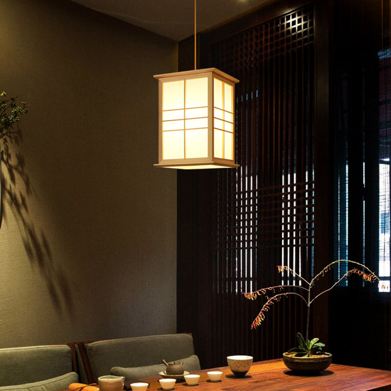 Rectangular Commercial Pendant Lighting Japanese Wooden 1-Light Restaurant Drop Lamp