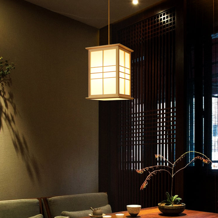 Rectangular Commercial Pendant Lighting Japanese Wooden 1-Light Restaurant Drop Lamp