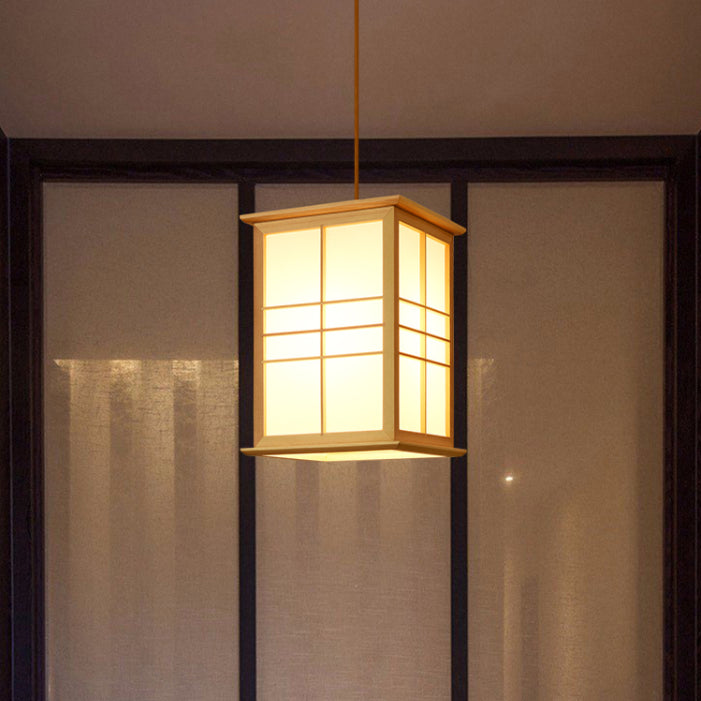 Rectangular Commercial Pendant Lighting Japanese Wooden 1-Light Restaurant Drop Lamp