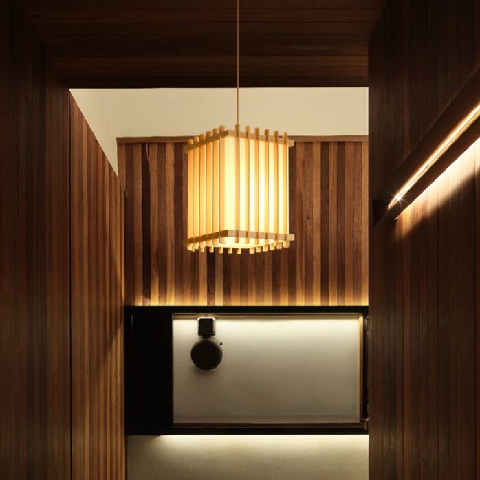 Rectangular Commercial Pendant Lighting Japanese Wooden 1-Light Restaurant Drop Lamp