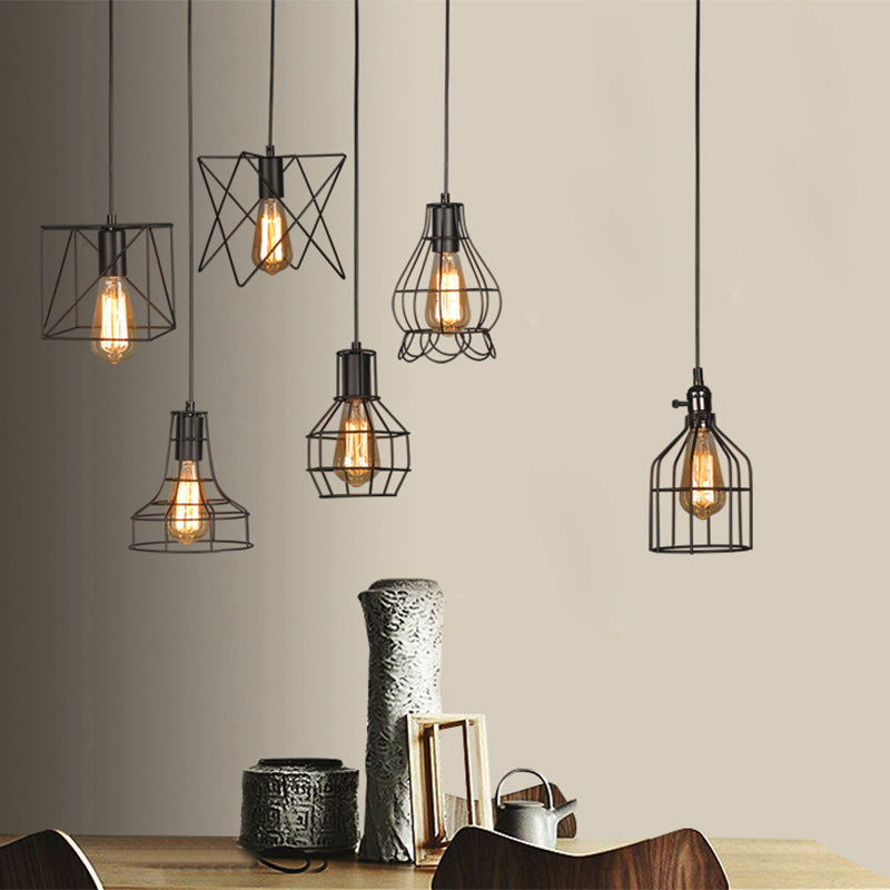 Black Wire Cage Pendant Light Wrought Iron Industrial Style Hanging Light Fixtures