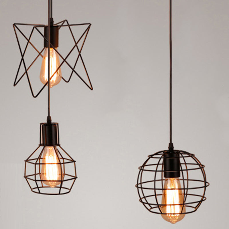 Black Wire Cage Pendant Light Wrought Iron Industrial Style Hanging Light Fixtures