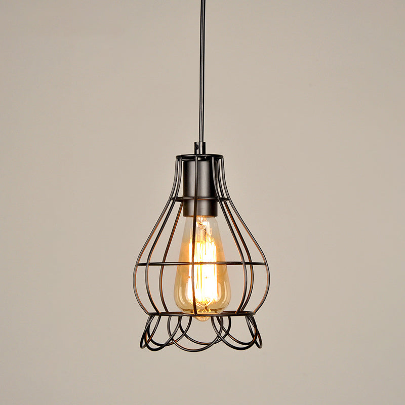 Black Wire Cage Pendant Light Wrought Iron Industrial Style Hanging Light Fixtures