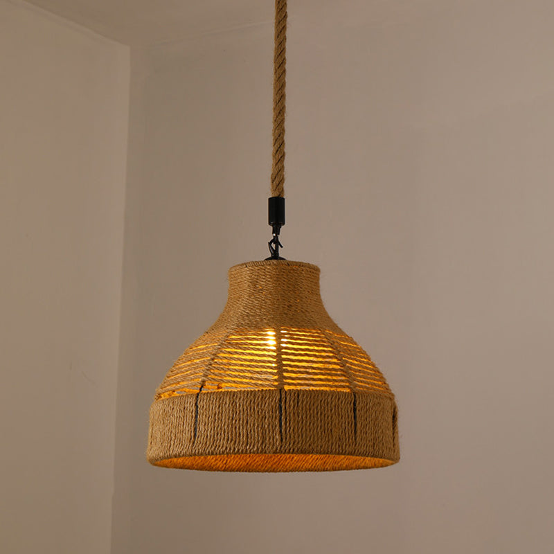 Hand-Woven Hemp Rope Pendant Country Style 1 Head Dining Room Suspension Light in Beige