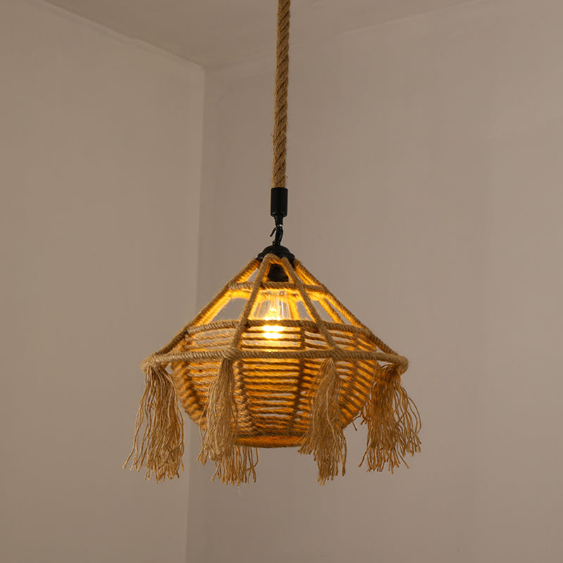 Hand-Woven Hemp Rope Pendant Country Style 1 Head Dining Room Suspension Light in Beige