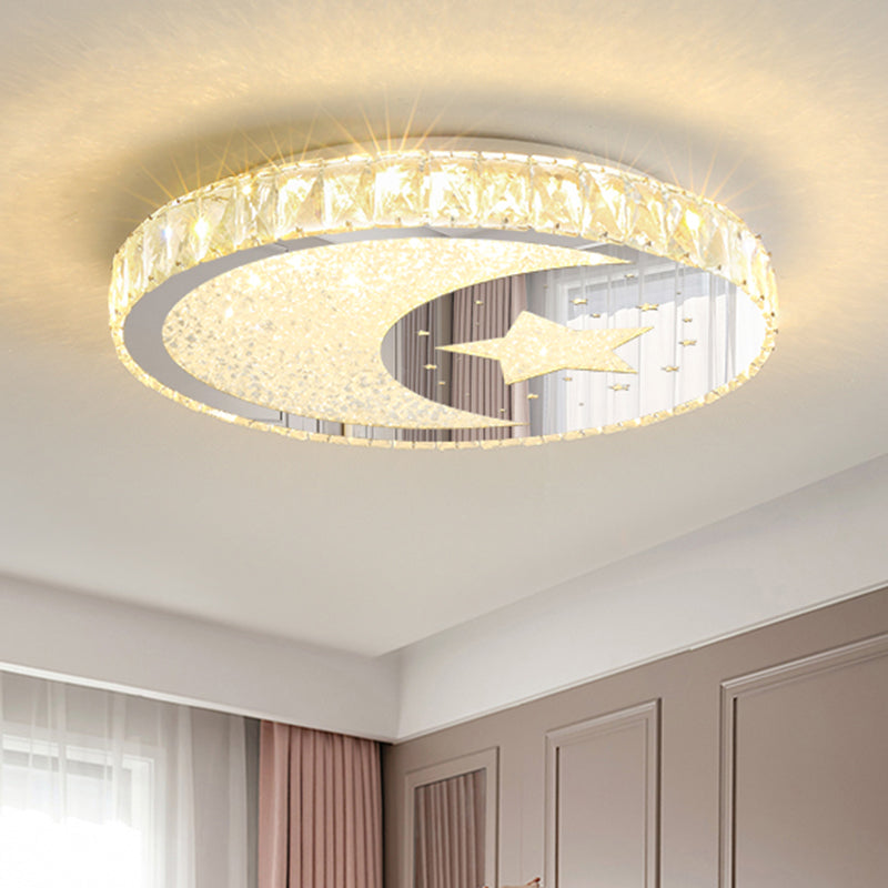 LED Bedroom Ceiling Flush Mount Minimalist Nickle Flush Light Fixture with Round Crystal Block Shade in Warm/White Light