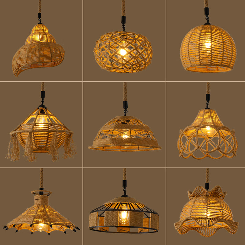 Hand-Woven Hemp Rope Pendant Country Style 1 Head Dining Room Suspension Light in Beige