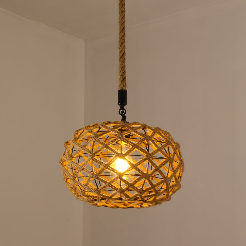 Hand-Woven Hemp Rope Pendant Country Style 1 Head Dining Room Suspension Light in Beige