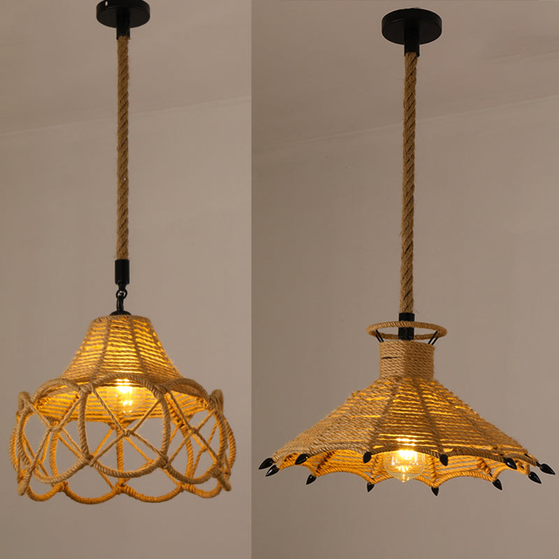 Hand-Woven Hemp Rope Pendant Country Style 1 Head Dining Room Suspension Light in Beige