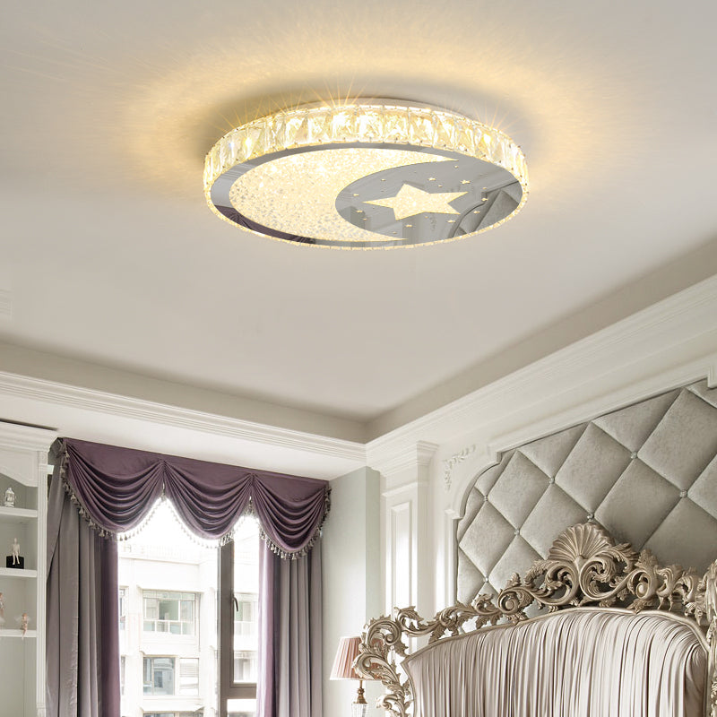 LED Bedroom Ceiling Flush Mount Minimalist Nickle Flush Light Fixture with Round Crystal Block Shade in Warm/White Light