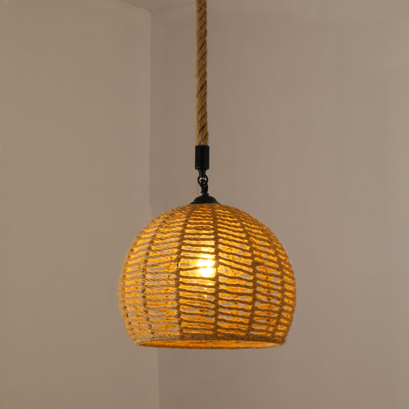 Hand-Woven Hemp Rope Pendant Country Style 1 Head Dining Room Suspension Light in Beige