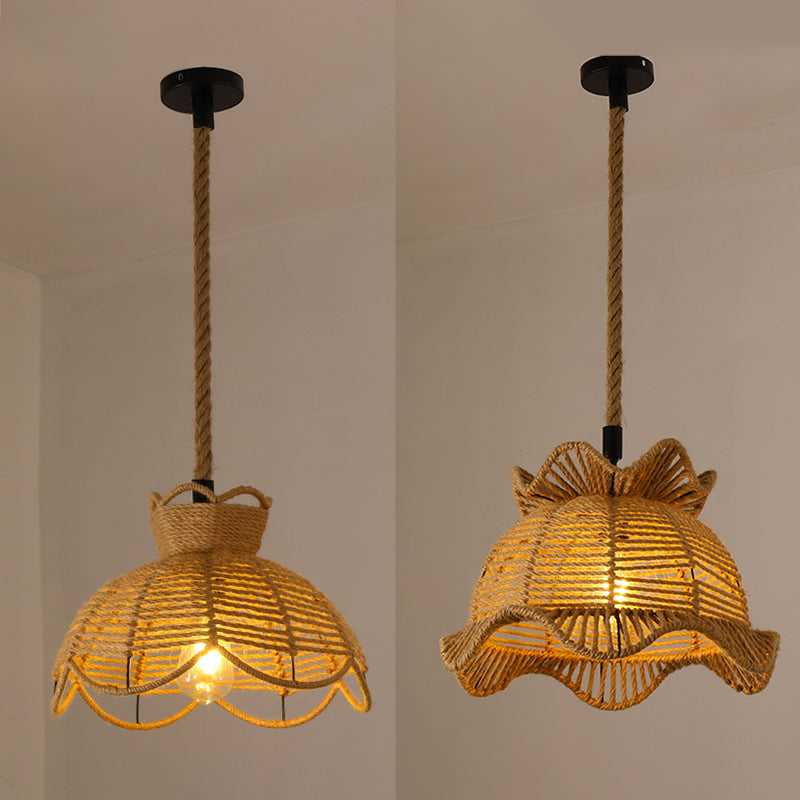 Hand-Woven Hemp Rope Pendant Country Style 1 Head Dining Room Suspension Light in Beige