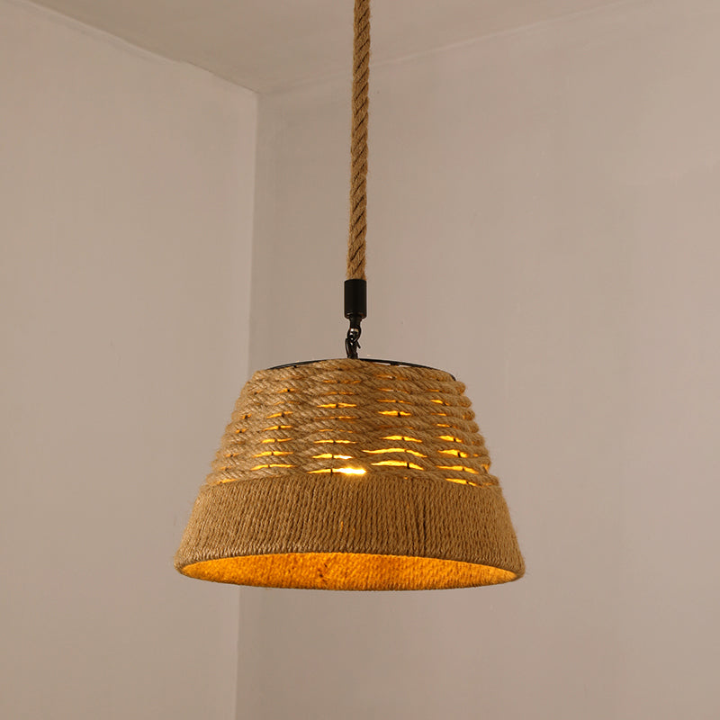 Hand-Woven Hemp Rope Pendant Country Style 1 Head Dining Room Suspension Light in Beige