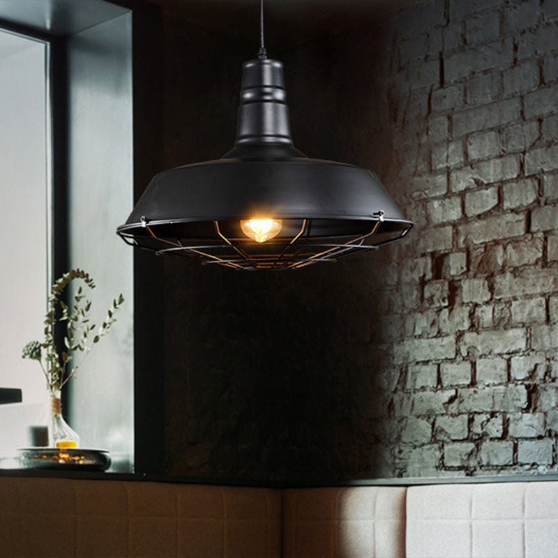 Iron Caged Pendant Lamp Industrial-Style 1 Bulb Restaurant Suspension Lighting in Black