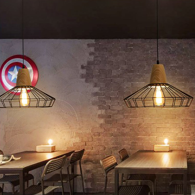 Iron Caged Pendant Lamp Industrial-Style 1 Bulb Restaurant Suspension Lighting in Black