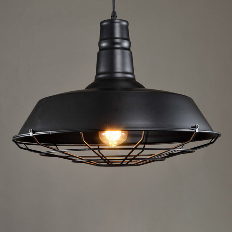 Iron Caged Pendant Lamp Industrial-Style 1 Bulb Restaurant Suspension Lighting in Black