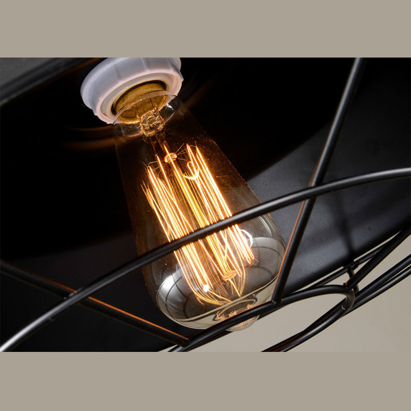 Iron Caged Pendant Lamp Industrial-Style 1 Bulb Restaurant Suspension Lighting in Black