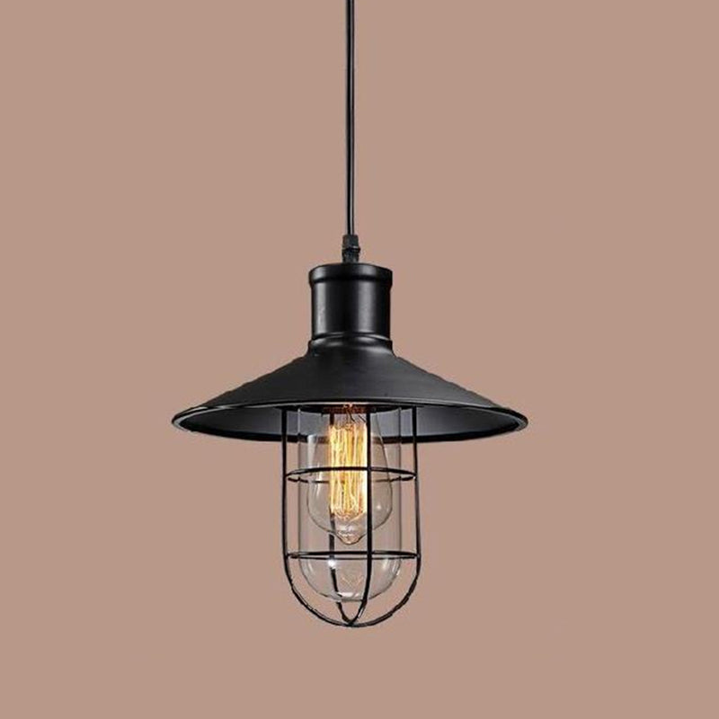 Iron Caged Pendant Lamp Industrial-Style 1 Bulb Restaurant Suspension Lighting in Black