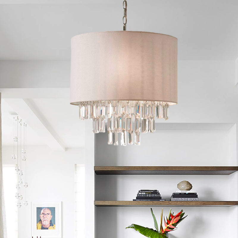 Rectangular-Cut Crystal Drum Hanging Chandelier Modern 3/4 Lights Beige Ceiling Lamp with Fabric Shade