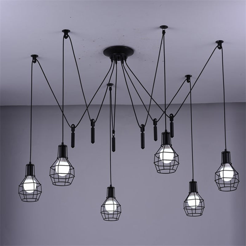 Multi-Light Pendant Industrial Cage Metal Ceiling Hang Light with Pulley in Black