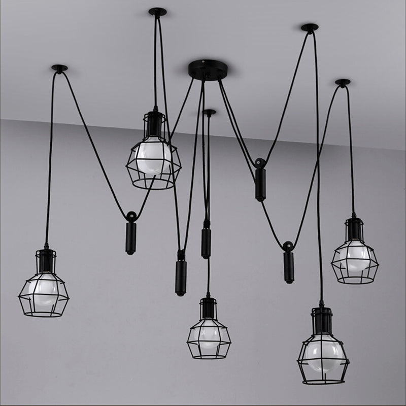 Multi-Light Pendant Industrial Cage Metal Ceiling Hang Light with Pulley in Black