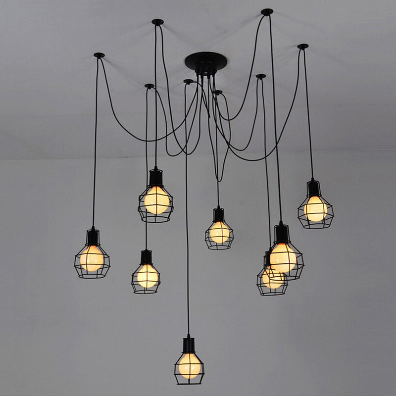 Multi-Light Pendant Industrial Cage Metal Ceiling Hang Light with Pulley in Black