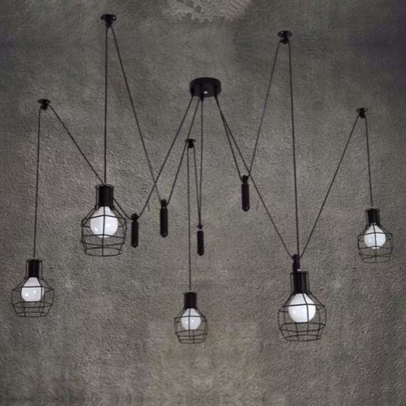 Multi-Light Pendant Industrial Cage Metal Ceiling Hang Light with Pulley in Black