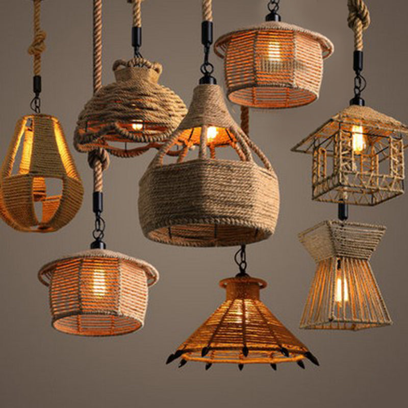 Beige Shade Pendant Lighting Fixture Warehouse Style Rope 1-Light Restaurant Suspension Light