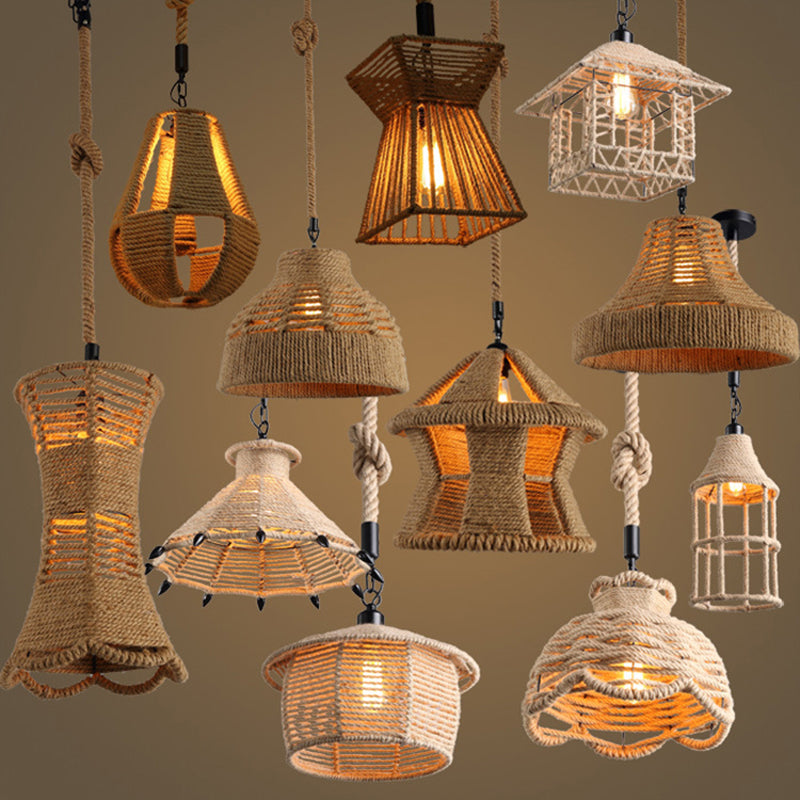 Beige Shade Pendant Lighting Fixture Warehouse Style Rope 1-Light Restaurant Suspension Light