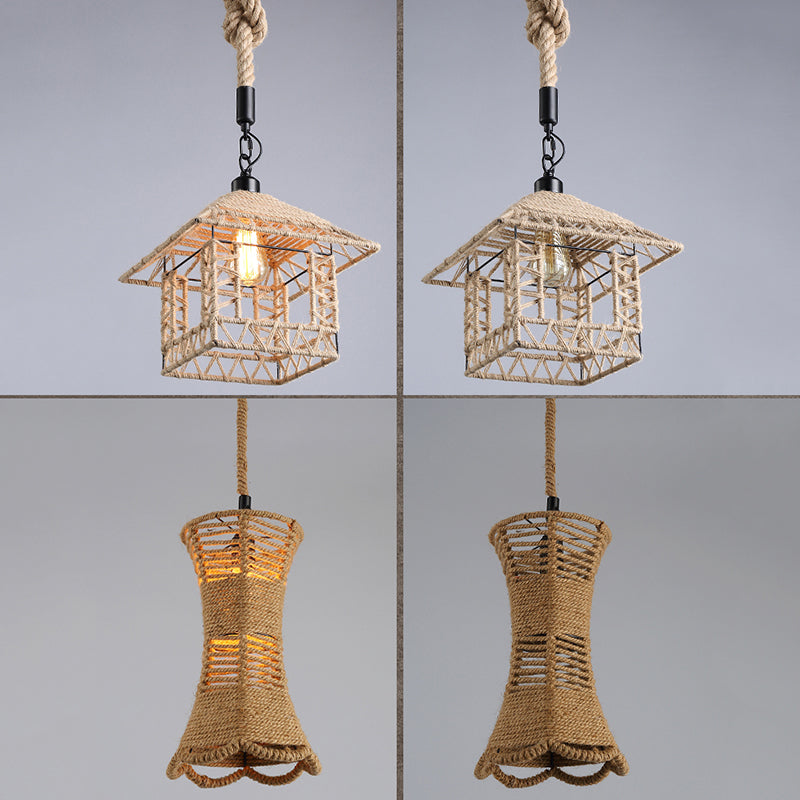 Beige Shade Pendant Lighting Fixture Warehouse Style Rope 1-Light Restaurant Suspension Light