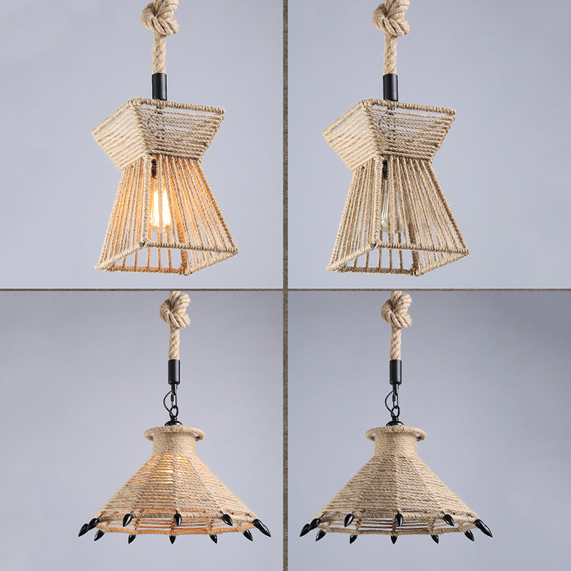 Beige Shade Pendant Lighting Fixture Warehouse Style Rope 1-Light Restaurant Suspension Light