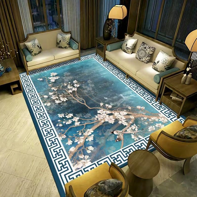 Blue Tone Chinese Indoor Rug Polyester Ink Branch Print Carpet Easy Care Rug for Home Decoration