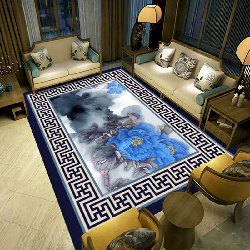 Blue Tone Chinese Indoor Rug Polyester Ink Branch Print Carpet Easy Care Rug for Home Decoration