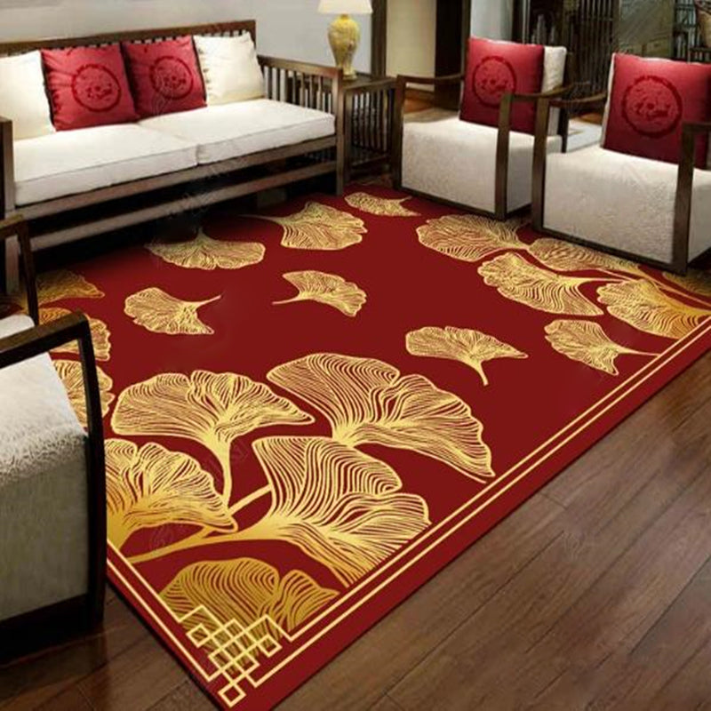 Red Tone Ginkgo Biloba Print Rug Polyester Nostalgia Anti-Slip Backing Indoor Rug for Living Room