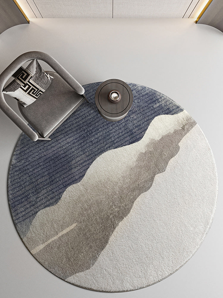 Round Grey Tone Shabby Chic Rug Polyester Carpet Ink Landscape Print Indoor Rug Non-Slip Backing for Living Room