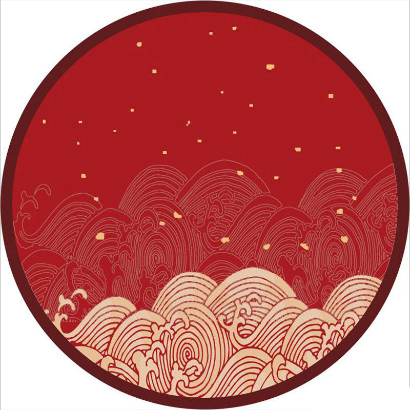 Round Red Tone Nostalgia Carpet Polyester Gold Line Indoor Rug Stain Resistant Rug for Home Decor